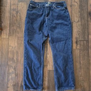 Cabela's Women Blue Denim Jeans Red Plaid Flannel Lined Relaxed Fit Straight Leg